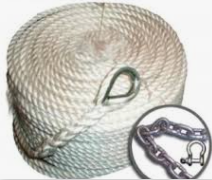 100' of 3/8" braided anchor line with ss thimble, 15' of 1/4" galvanized chain, 2 5/16" shackles