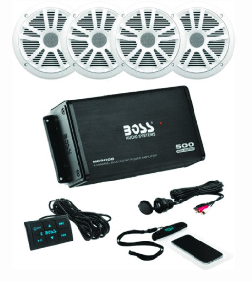 boss audio ask904b64 weatherproof amplifier & 6.5" speaker package, white speakers