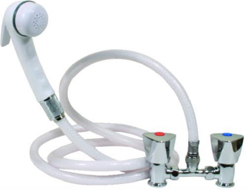 scandvik euro shower kit, white sprayer with white hose and triangle knobs